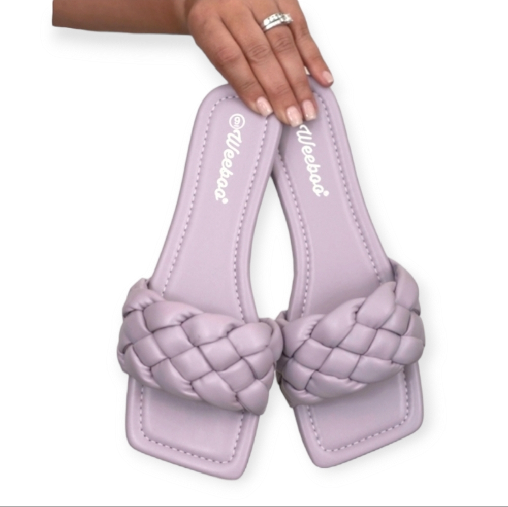 Chic Lilac Woven Braided Slide-In Sandals Square Toe Flats
